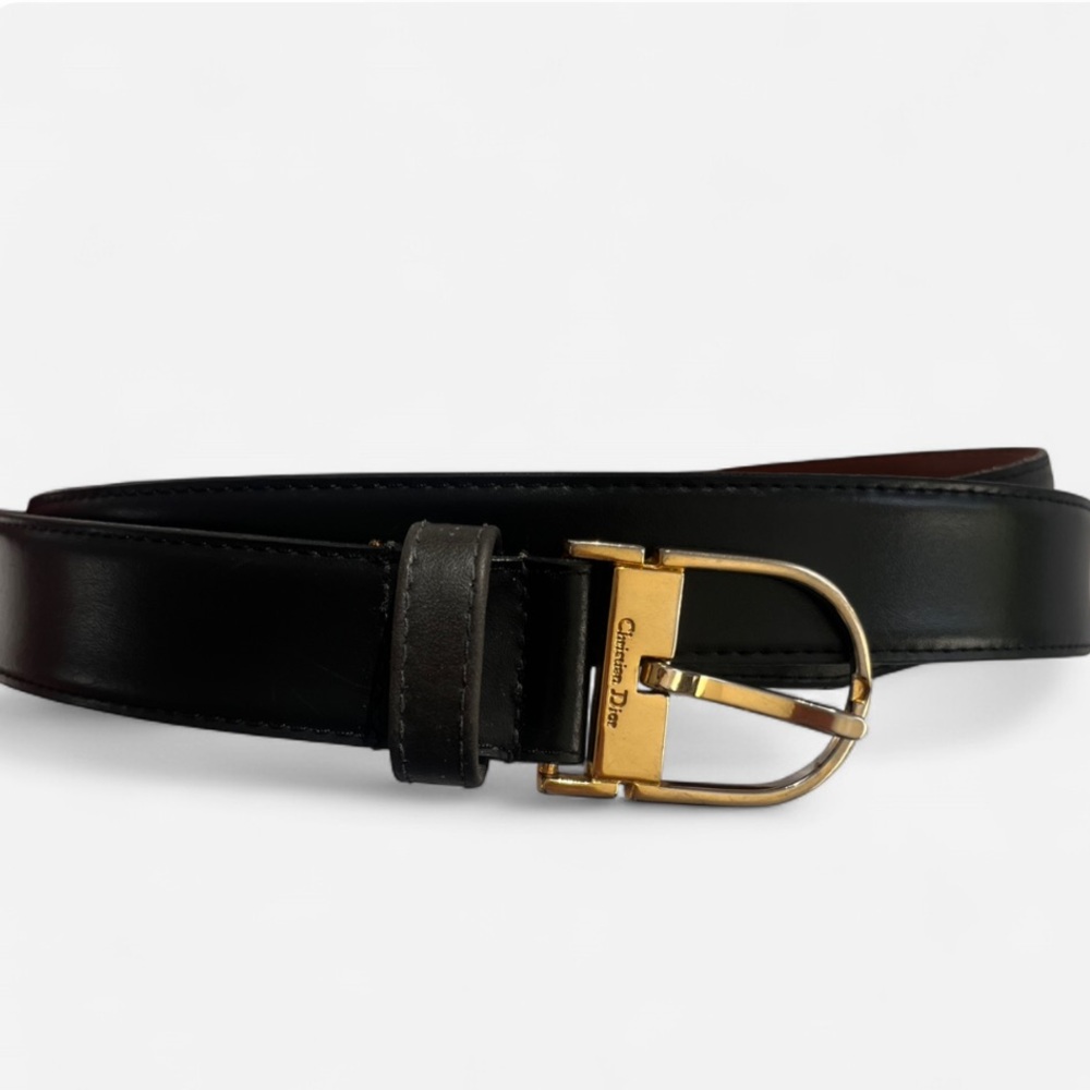 Dior Black Leather Belt with Gold Buckle
